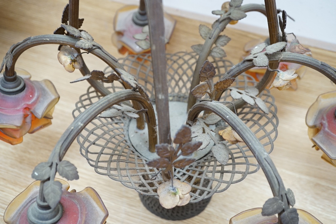 A gilt metal ‘basket of flowers’ electrolier and a similar smaller example. Condition - not tested